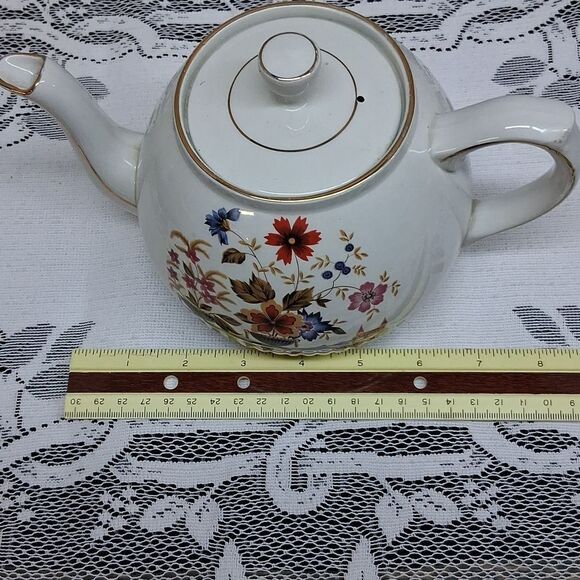 5 Pc Set Ellgreave Ironstone Teapot Plus 2 Sets Cups & Saucers - Picture 6 of 10